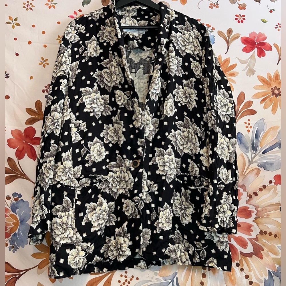 Vintage 80s Norton McNaughton Casual Blazer Black Floral Witchy Dark Aesthetic